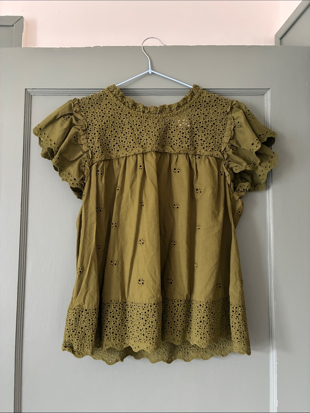 Nordstrom Olive Eyelet Ruffle Sleeve Top